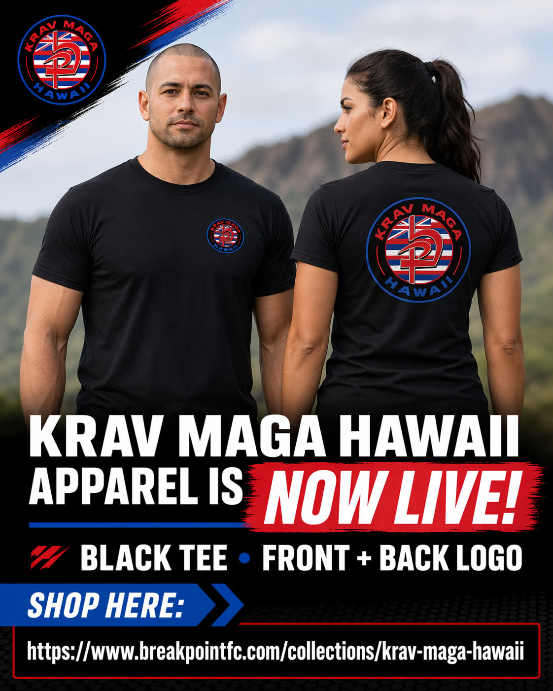 Two people in black Krav Maga Hawaii shirts outdoors, one facing forward with the chest logo and one showing the large back logo against mountains