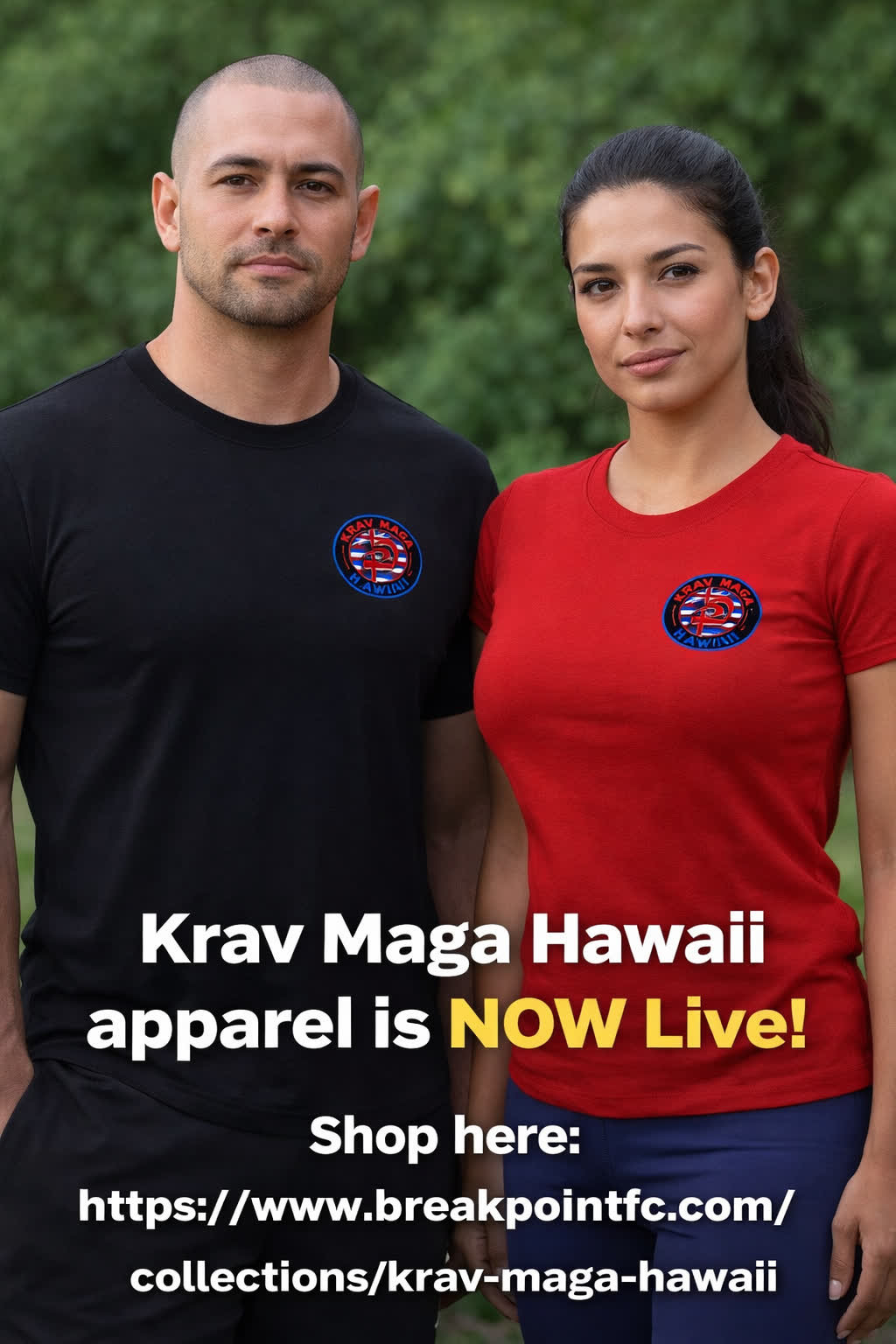A man in a black Krav Maga Hawaii t-shirt and a woman in a red Krav Maga Hawaii t-shirt, both showing the circular chest logo